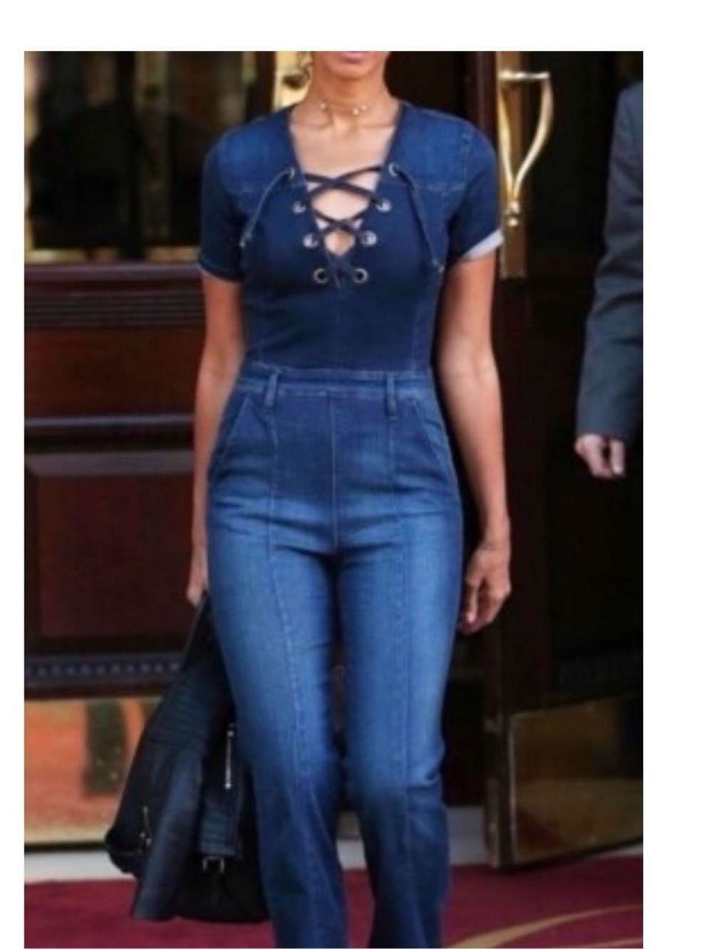Frame Denim Lace-Up Blue Denim Jumpsuit